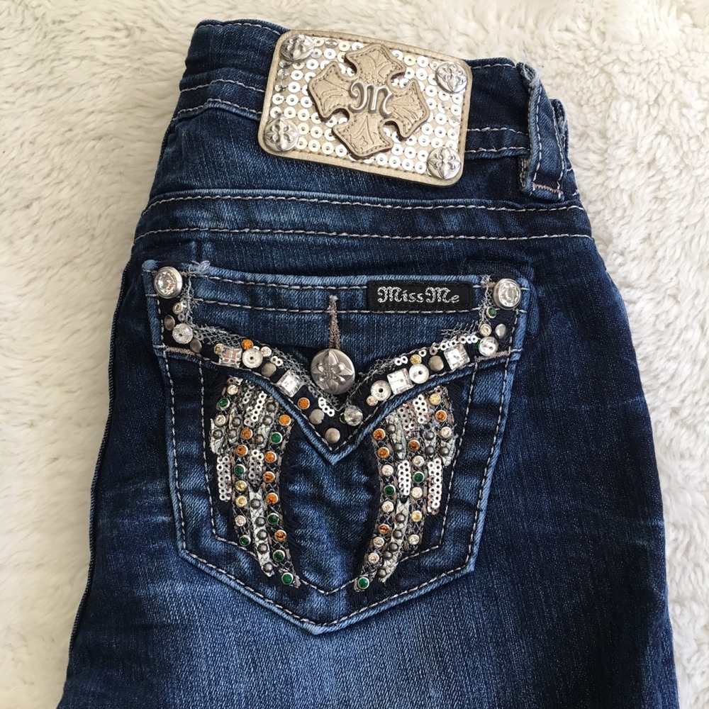 Miss Me Mid Rise Skinny Bling Wing Jeans 24x29"